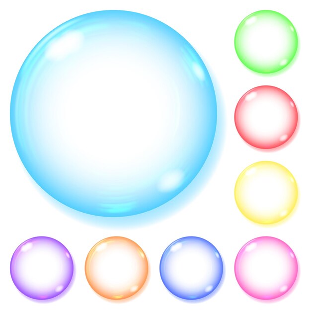 Set di sfere opache di vari colori con riflessi e ombre su sfondo bianco