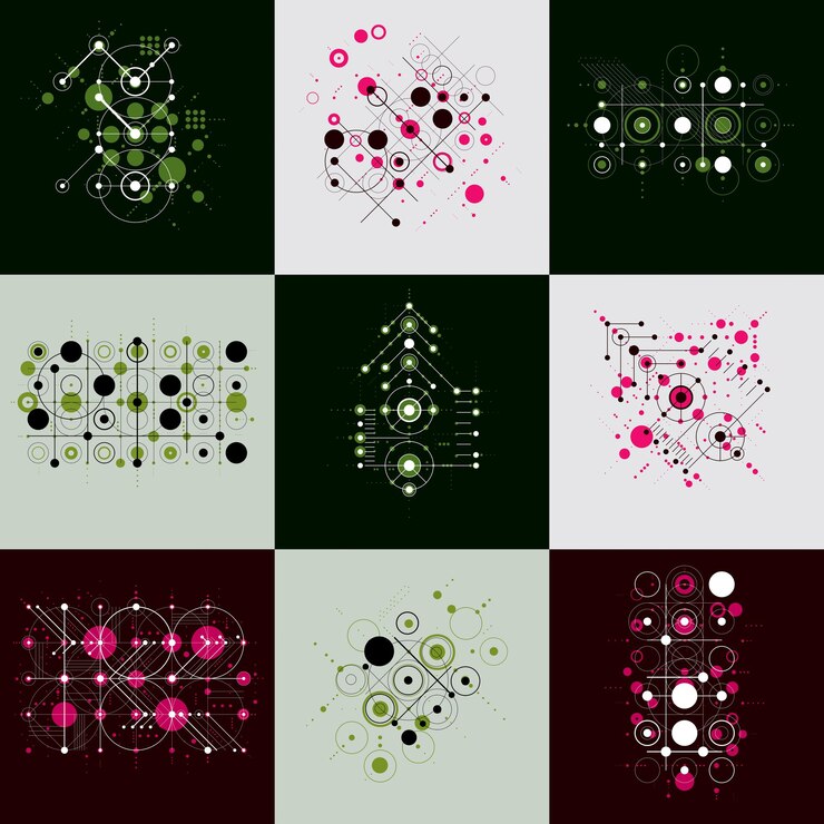 Vettore set di sfondi astratti bauhaus vettoriali realizzati con griglia e elementi geometrici semplici sovrapposti, cerchi e linee. opere d'arte in stile retrò, modelli grafici per poster pubblicitari.
