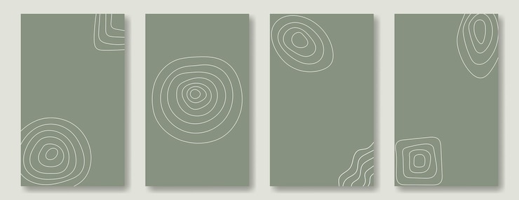 Vettore set di sfondi astratti verticali per social media e post. cerchi e quadrati da linee disegnate a mano in stile scarabocchio su uno sfondo verde.
