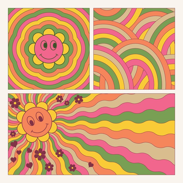 Vettore set di sfondi colorati a onde psichedeliche in stile retrò banner di design hippie astratto
