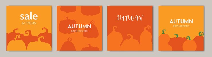 Vettore set di sfondi di poster piatti autunnali con zucche raccolto autunnale per banner di vendita