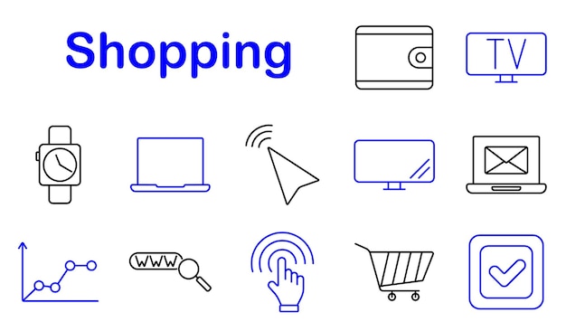 Set di shopping icona portafoglio TV portatile orologio carrello cursore grafico shopping online elettronica finanza e-commerce tecnologia digitale transazione gadget vendita al dettaglio comunicazione acquisto