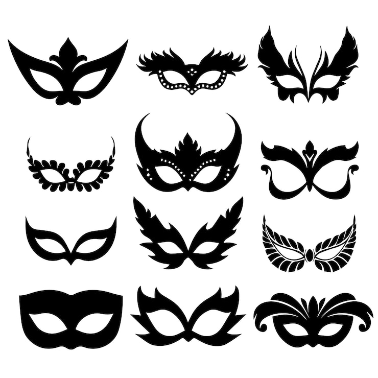 Vettore set di silhouette di maschere da carnevale icone nere semplici di maschere da mascherata per feste e carnevale silhouette di maschere da carnevale