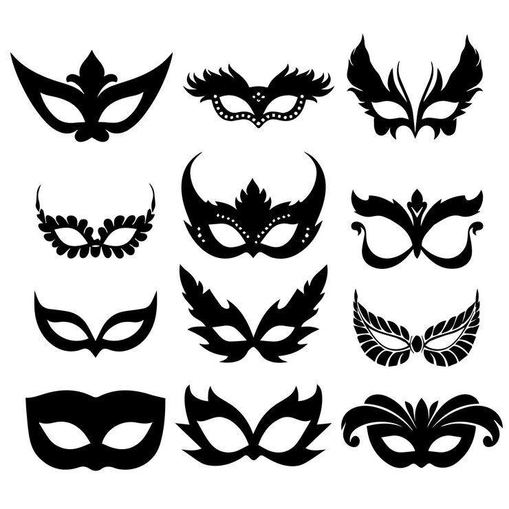 Vettore set di silhouette di maschere da carnevale icone nere semplici di maschere da mascherata per feste e carnevale silhouette di maschere da carnevale