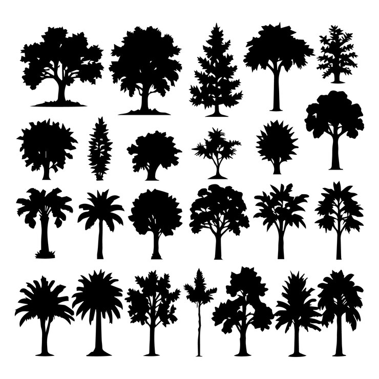 Set di silhouette di piante e alberi