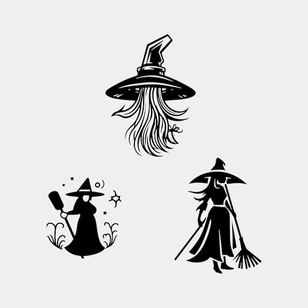 Set di Silhouette di una strega che vola su un vettore di manico di scopa isolato su sfondo bianco