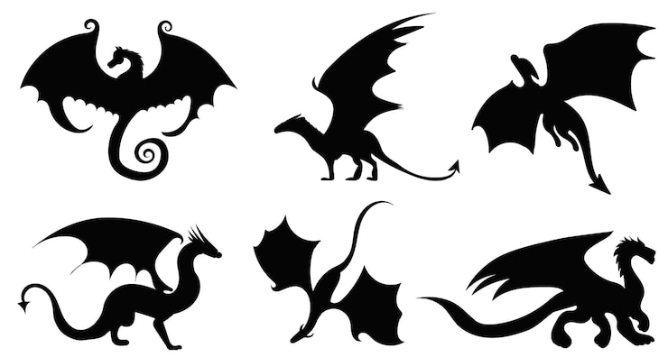 Vettore set di silhouette drago, vettore isolato