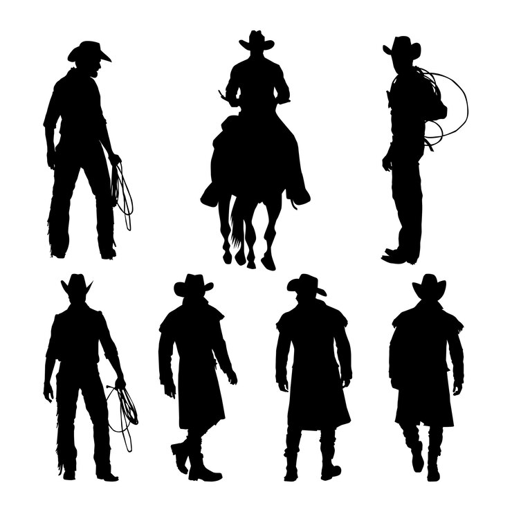 Vettore set di silhouette nere di cowboy illustrazione su sfondo bianco vol 02