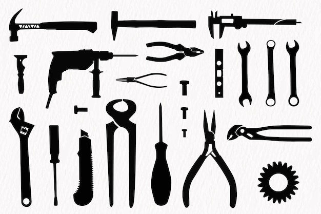 Set di silhouette vettoriale di utensili da costruzione per lavori di manodopera e riparazione