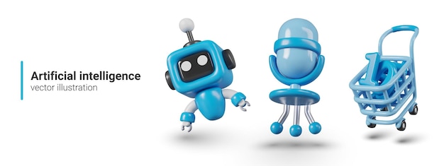 Set di simboli di intelligenza artificiale Microfono mini robot blu carrello con numeri