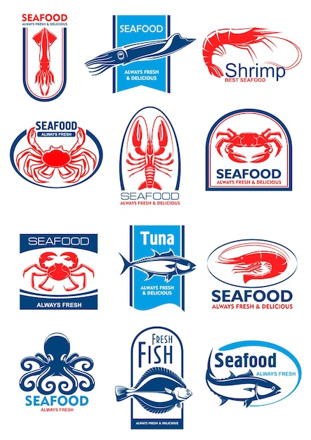 Set di simboli di pesce e frutti di mare per il design degli alimenti