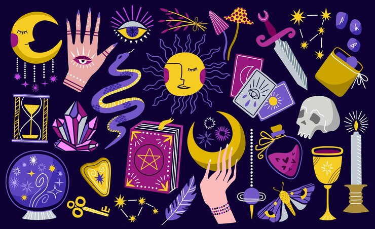 Vettore set di simboli esoterici vettoriali disegnati a mano collezione boho di streghe mistiche icone magiche