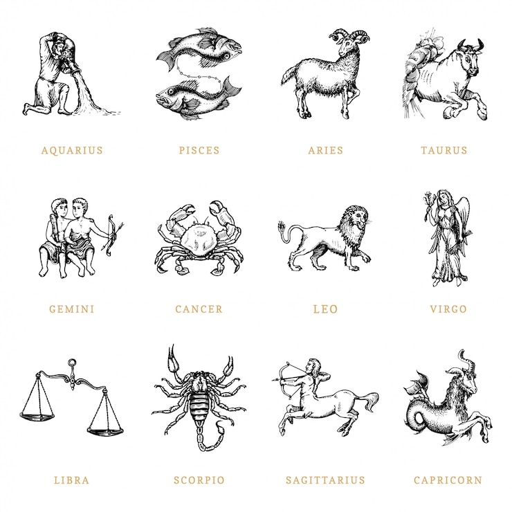 Set di simboli zodiacali, disegnati a mano in stile incisione.
