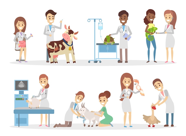 Vettore set di simpatici animali come mucca, maiale, capra e altri ricevono una visita veterinaria in clinica. le persone si prendono cura degli animali domestici. illustrazione