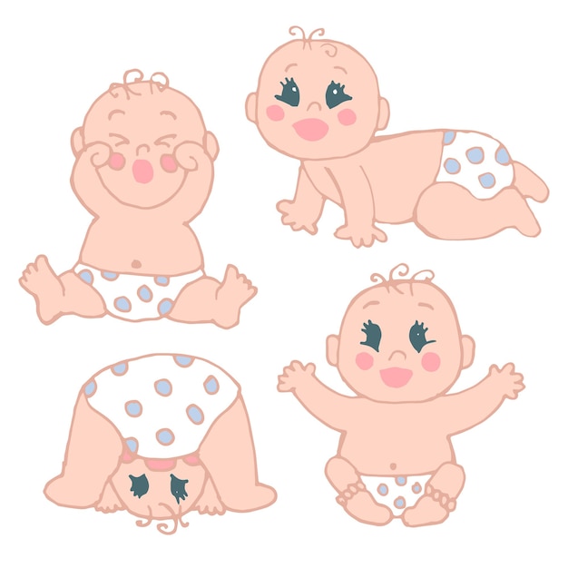 Set di simpatici bambini disegnati in pannolini