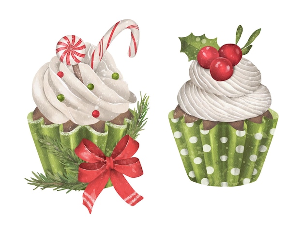 Set di simpatici cupcakes vettoriali ad acquerello di natale e capodanno con frutti di bosco e lecca-lecca