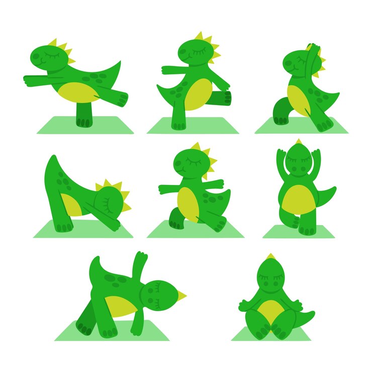 Set di simpatici dinosauri Illustrazione vettoriale Dinosauri in asana yoga Elemento di design per il design