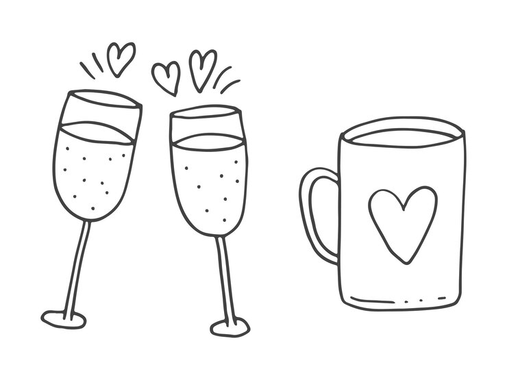 Vettore set di simpatici elementi doodle disegnati a mano sull'amore adesivi messaggio per app icone per san valentino eventi romantici e matrimoni tazze con una bevanda d'amore e cuori e champagne
