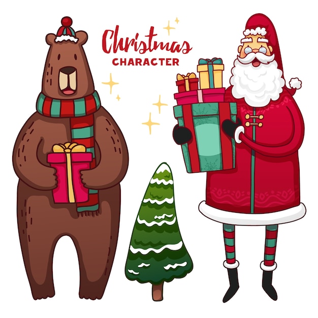 Set di simpatici personaggi dei cartoni animati di Natale ed elementi