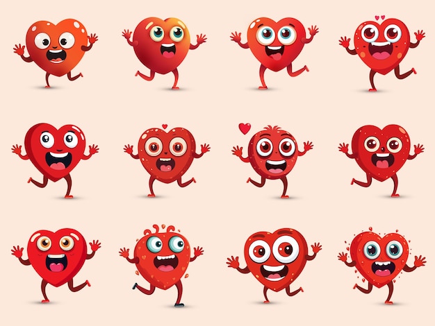 Set di simpatici personaggi mascotte cuore rosso con varie espressioni in pose da corsa Buon San Valentino concetto