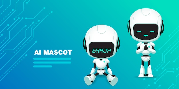 Set di simpatici personaggi robot ai con sfondo di circuiti