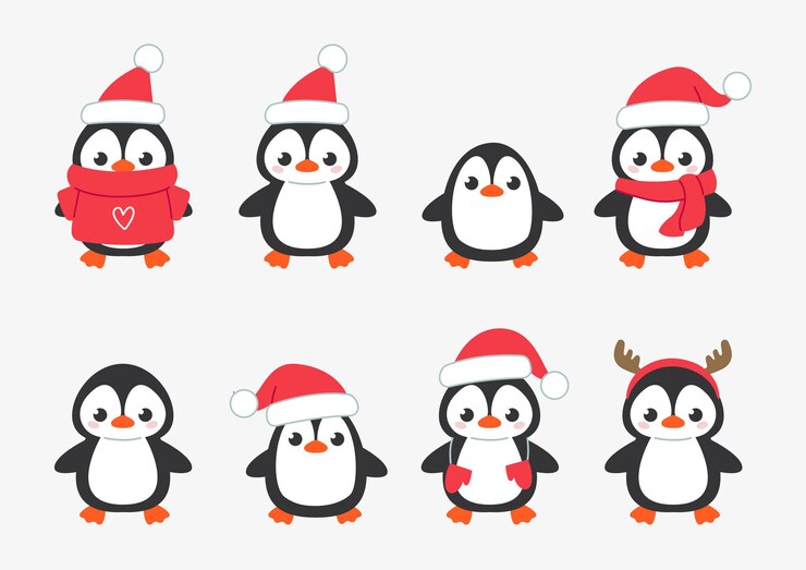 Set di simpatici pinguini in abiti natalizi di Capodanno Personaggi del nord con cappelli e sciarpe rossi