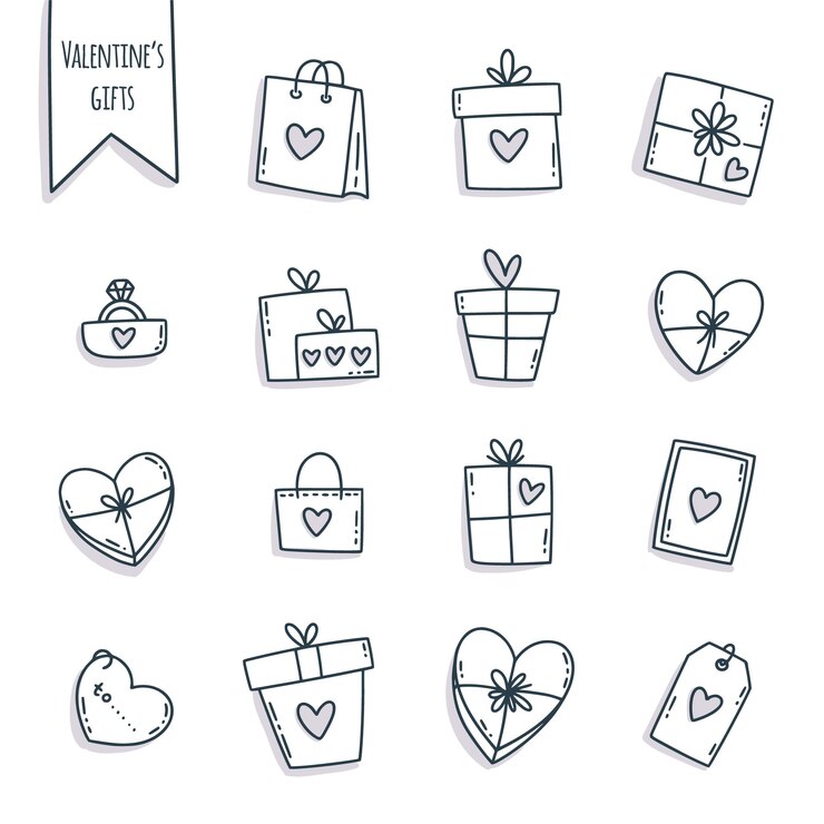 Set di simpatici regali di San Valentino presenta e scatole elementi stile disegnato a mano simpatico cartone animato