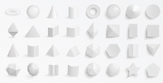 Set di solidi geometrici bianchi forme 3D di base realistiche figure tridimensionali
