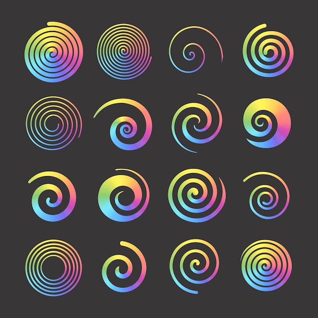 Set di spirali a colori dell'arcobaleno Forme di vortice astratte con gradiente di colore Icone di cerchi contorti