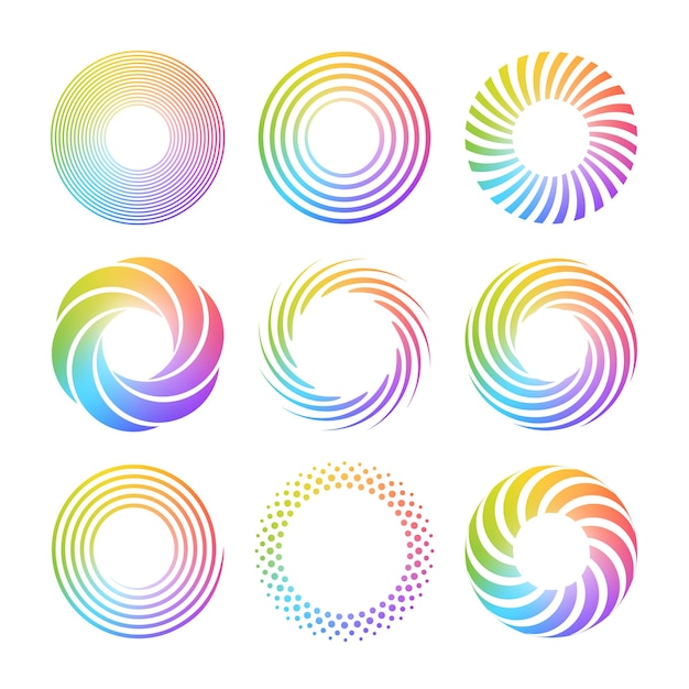 Set di spirali semplici Forme di vortice astratte con gradiente multicolore Icone vettoriali di cerchi contorti