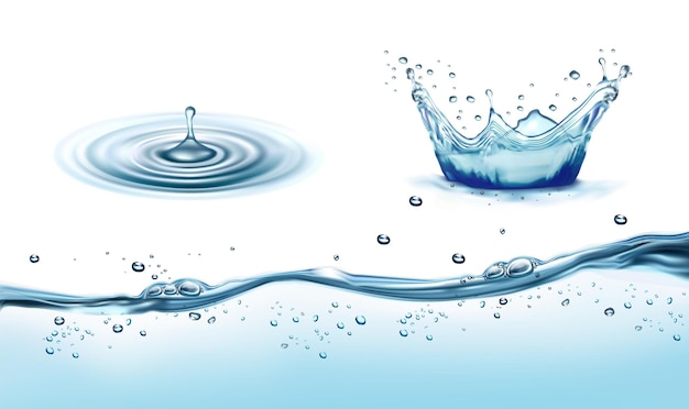 Set di spruzzi d'acqua trasparenti gocce isolate su sfondo trasparente Spruzzi di corona d'acqua con gocce Onde di acqua trasparente con bolle d'aria Illustrazione vettoriale