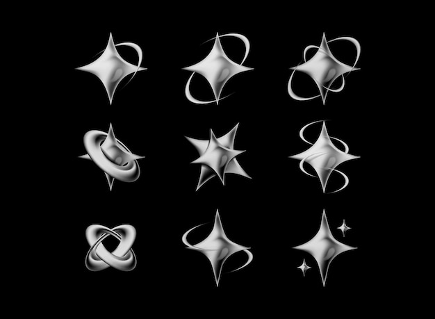set di star spark e sparkle con linea ondata collezione pianeta in 3D cromo liquido vintage metallico