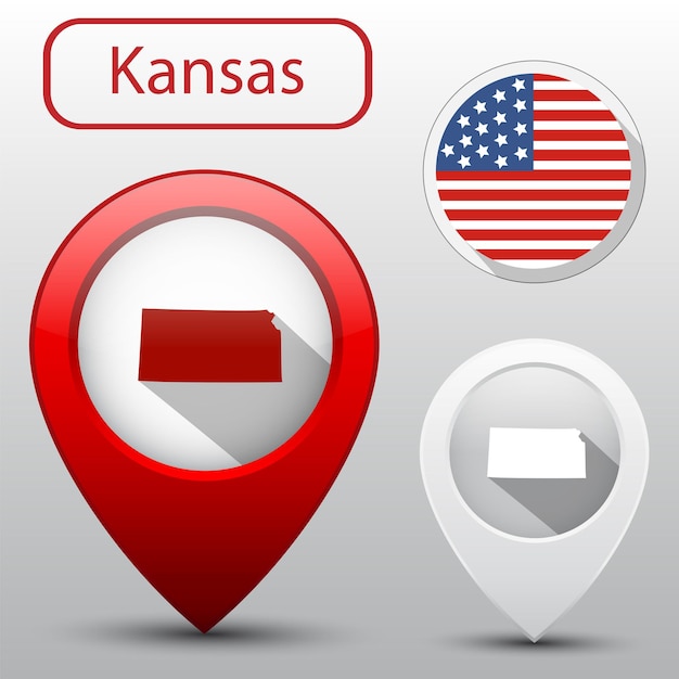 Set di stato del Kansas con bandiera america e puntatore mappa