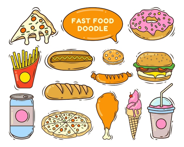 Set di stile doodle fumetto disegnato a mano fast food