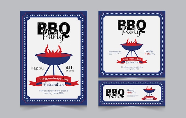 Set di storia di instagram banner quadrato invito barbecue giorno dell'indipendenza e poster a4 per il 4 luglio