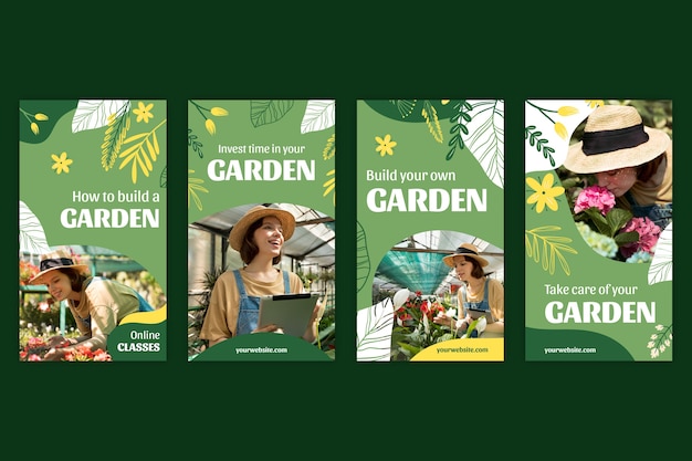 Set di storie di giardinaggio piatto disegnato a mano