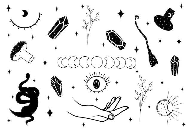 Set di streghe con elementi magici, animali e dettagli astratti. Collezione d'arte vettoriale spirituale