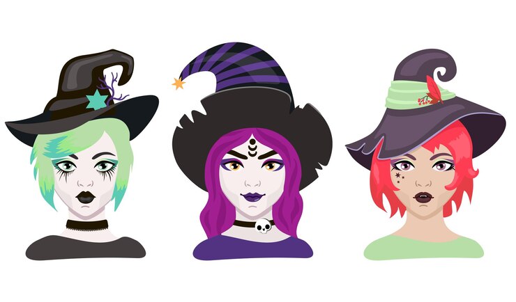 Vettore set di streghe del fumetto di halloween strega che indossa il tipico cappello da strega trucco da strega per la pittura del viso piuttosto