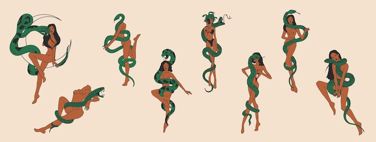 Vettore set di streghe donne con un serpente avvolto attorno al suo corpo donne carine in stile retro