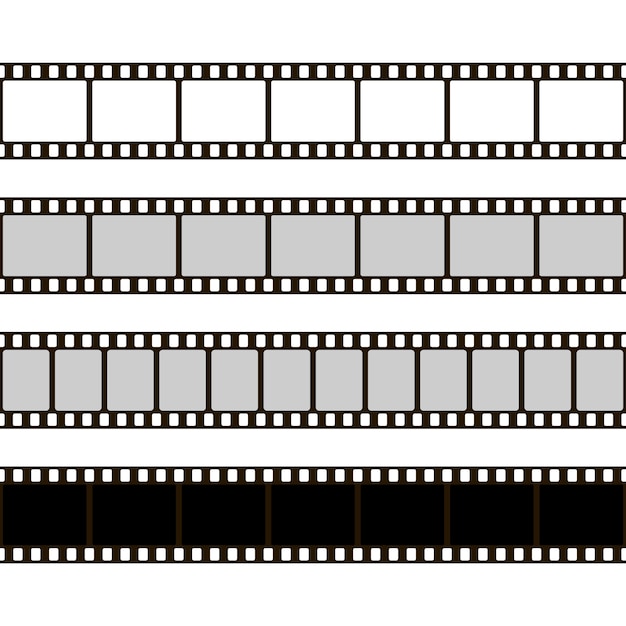 Set di strisce di pellicola. Raccolta di film per la macchina fotografica. Cornice cinematografica. Modello di negativo su sfondo bianco