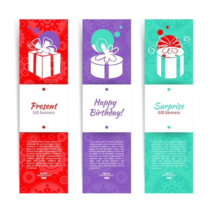Vettore set di striscioni eleganti con sfondo presente con confezione regalo. illustrazione vettoriale con design splash