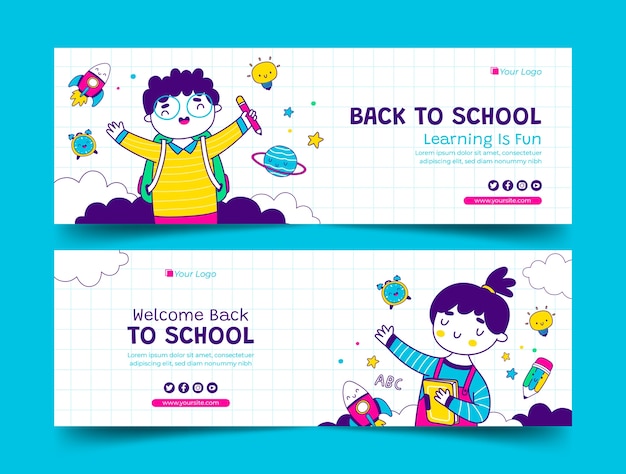 Set di striscioni orizzontali disegnati a mano verso la scuola