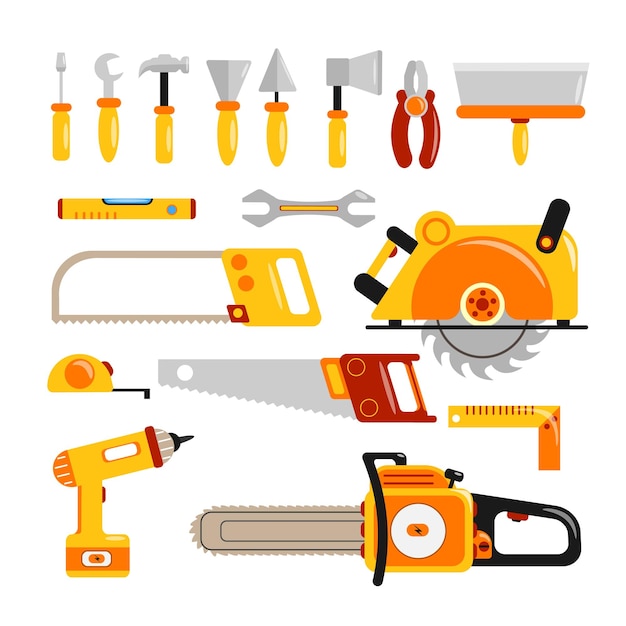 Set di strumenti di costruzione gialli in stile cartone animato Illustrazione vettoriale di cacciaviti da costruzione seghe chiavi dinamometriche pinze spatole misure di nastro su sfondo bianco