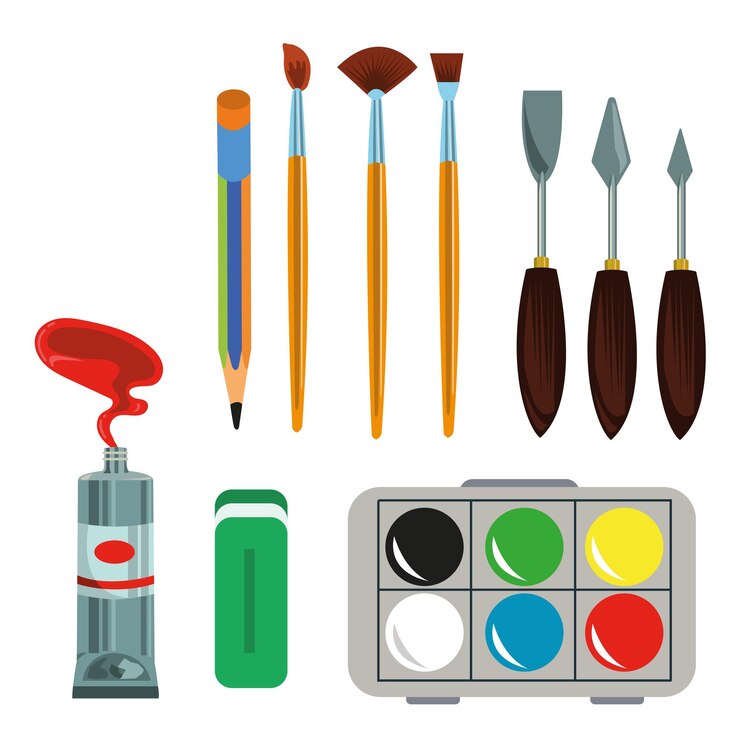 Vettore set di strumenti e forniture per arte studio artistico tavolozza pennello pennelli pittura ad olio acquerello