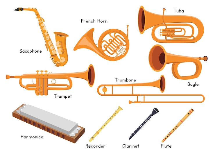 Vettore set di strumenti musicali a fiato disegno vettoriale. sassofono, tromba, corno francese, clipart trombone