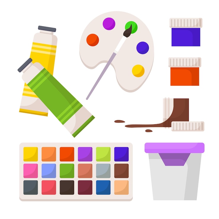 Vettore set di strumenti per la realizzazione di opere d'arte tra cui pennelli palette palette cavalletto e tela disegno piatto illustrazione