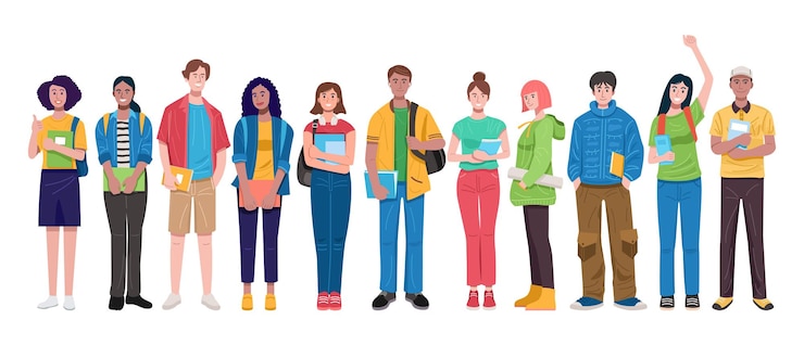 Vettore set di studenti multiculturali vestiti casual tenendo libri isolati su sfondo bianco, illustrazione vettoriale