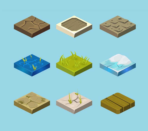 Set di superfici rettificate. Erba, rocce e acqua. Web design del paesaggio.