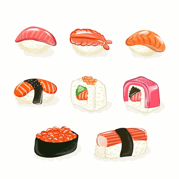 Set di sushi roll. Rotoli di sushi cibo piatto e involtini di sushi di pesce giapponese. Ristorante di cucina asiatica delizioso