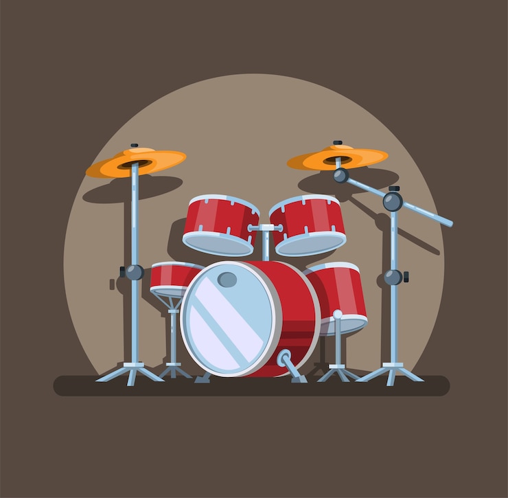 Set di tamburi sotto i riflettori, concetto di simbolo di strumento musicale nell'illustrazione del fumetto